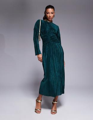 ASOS DESIGN - Hochgeschlossenes, langärmliges Plissee-Maxikleid in Dunkelgrün mit gewickelter Taille