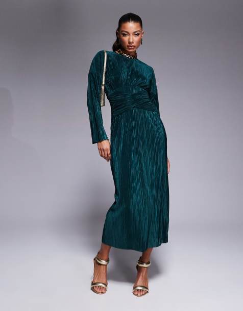 ASOS DESIGN – Hochgeschlossenes, langärmliges Plissee-Maxikleid in Dunkelgrün mit gewickelter Taille - view 1
