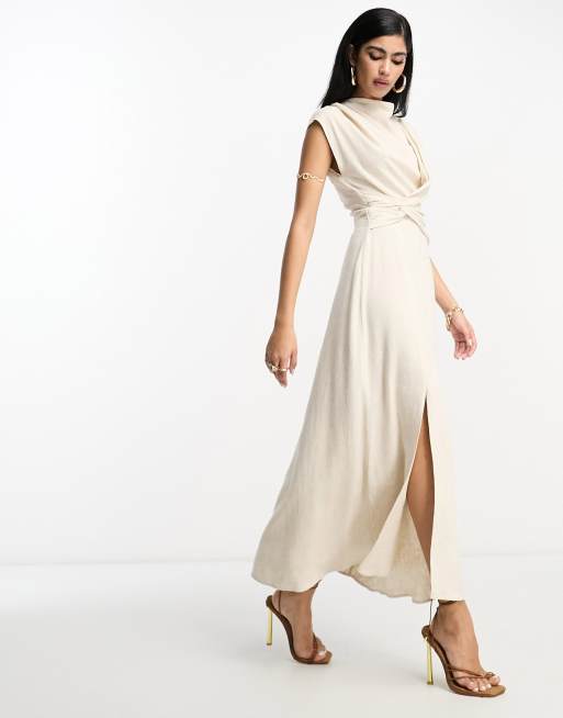 ASOS DESIGN Hochgeschlossenes Leinen Midikleid in Naturtonen mit verdrehter Vorderseite ASOS