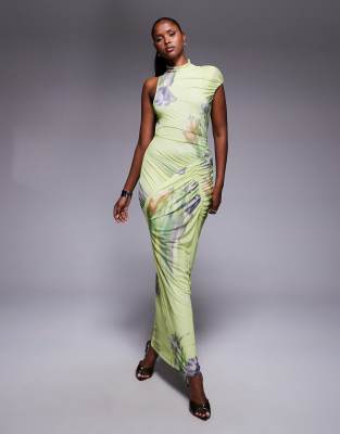 ASOS DESIGN - Hochgeschlossenes Maxikleid aus bedrucktem Netzstoff mit One-Shoulder-Kappärmel und botanischem Blumenprin...