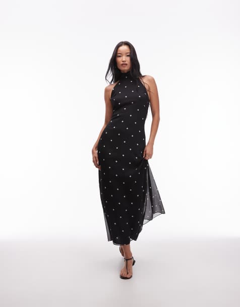 ASOS DESIGN – Hochgeschlossenes Maxikleid aus Chiffon in Schwarz mit Polka Dots - view 1