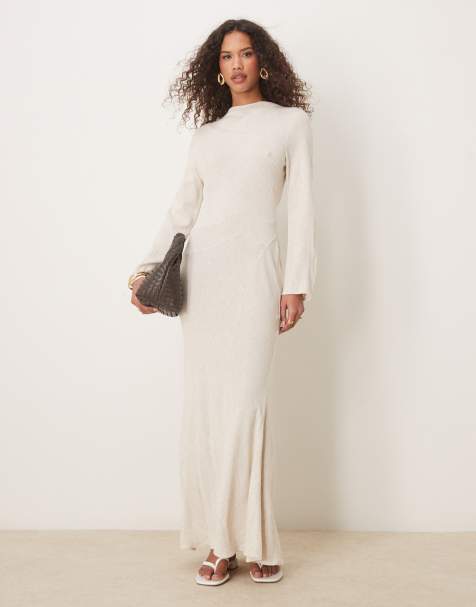 ASOS DESIGN – Hochgeschlossenes Maxikleid aus Leinen in Hellbeige mit Ziernähten - view 1