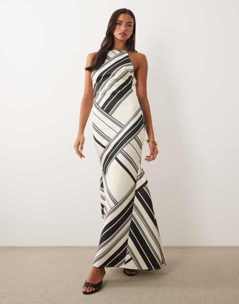 ASOS DESIGN – Hochgeschlossenes Maxikleid aus neoprenartigem Stoff in Schwarz-Weiß gestreift mit Schwalbenschwanz und Rückenausschnitt - view 1