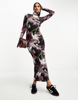 ASOS DESIGN - Hochgeschlossenes Maxikleid aus Netzstoff in Lila mit Blumenmuster-Bunt