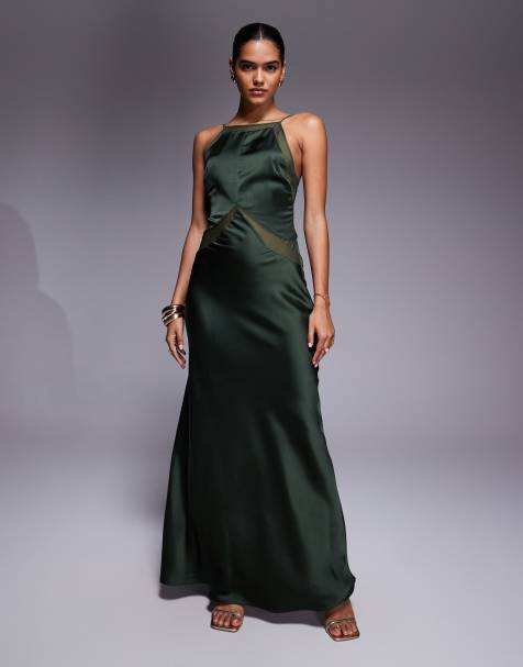 ASOS DESIGN – Hochgeschlossenes Maxikleid aus Satin-Chiffon-Mix in Dunkelgrün mit eckigem Ausschnitt und Muster - view 1