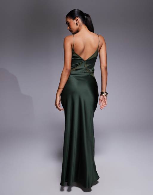 ASOS DESIGN – Hochgeschlossenes Maxikleid aus Satin-Chiffon-Mix in Dunkelgrün mit eckigem Ausschnitt und Muster, 2 von 4