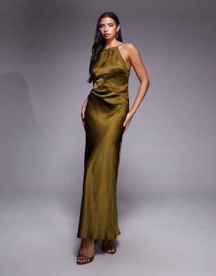 ASOS DESIGN - Hochgeschlossenes Maxikleid aus Satin-Chiffon-Mix in dunklem Olivgrün mit eckigem Ausschnitt und Muster