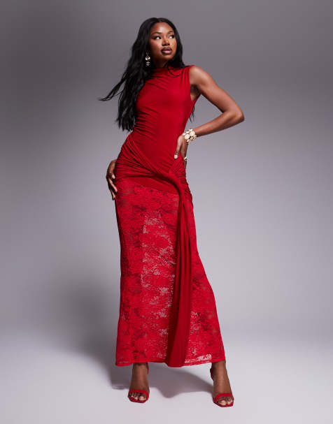 ASOS DESIGN – Hochgeschlossenes Maxikleid aus Spitze und Stoff in Rot mit breitem Bindedetail in der Taille - view 1