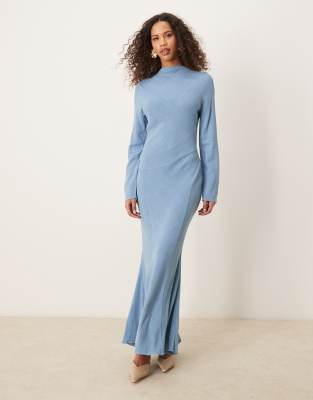 ASOS DESIGN - Hochgeschlossenes Maxikleid aus verblasstem Leinen-Denim aus Leinen mit und Nahtdetail-Blau