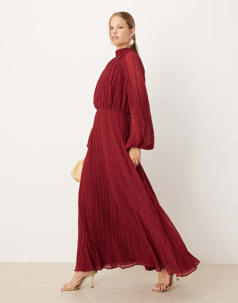 ASOS DESIGN – Hochgeschlossenes Maxikleid in dunklem Burgunderrot mit Knitter-Optik und Blouson-Ärmeln - view 1