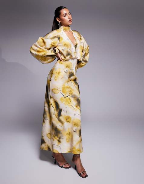 ASOS DESIGN – Hochgeschlossenes Maxikleid in Grün mit abstraktem Print, tiefem Ausschnitt und Blousonärmeln - view 1