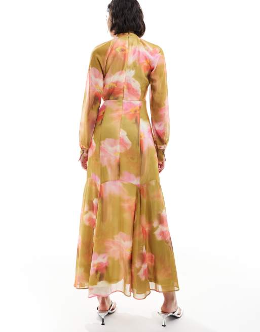 ASOS DESIGN – Hochgeschlossenes Maxikleid in Grün mit Blumenmuster und Godet-Saum, 4 von 4