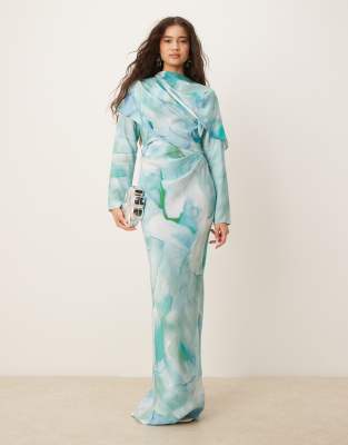 ASOS DESIGN - Hochgeschlossenes Maxikleid in Grün mit drapiertem Oberteil und abstraktem Print-Bunt