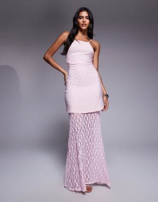 ASOS DESIGN - Hochgeschlossenes Maxikleid in Hellrosa mit Schößchen, Oberteil und Spitzenrock