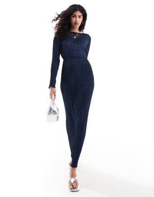 ASOS DESIGN - Hochgeschlossenes Maxikleid in Marineblau mit Knitterstruktur