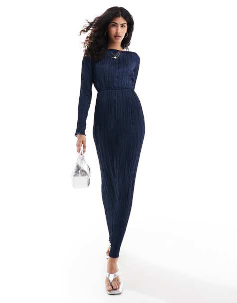 ASOS DESIGN – Hochgeschlossenes Maxikleid in Marineblau mit Knitterstruktur - view 1
