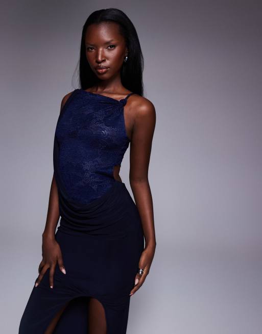 ASOS DESIGN – Hochgeschlossenes Maxikleid in Marineblau mit Spitzen-Einsätzen und Drapierung, 2 von 4