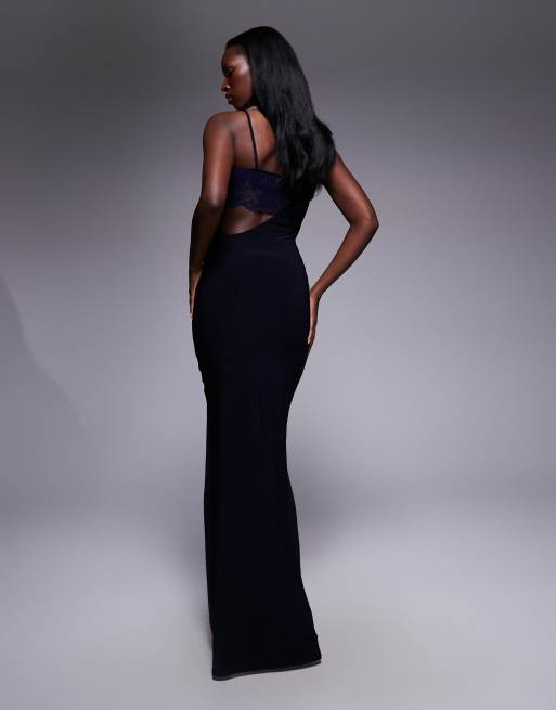 ASOS DESIGN – Hochgeschlossenes Maxikleid in Marineblau mit Spitzen-Einsätzen und Drapierung, 3 von 4