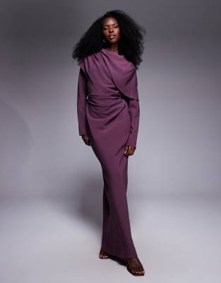 ASOS DESIGN - Hochgeschlossenes Maxikleid in Maulbeerrot mit drapiertem Oberteil-Lila