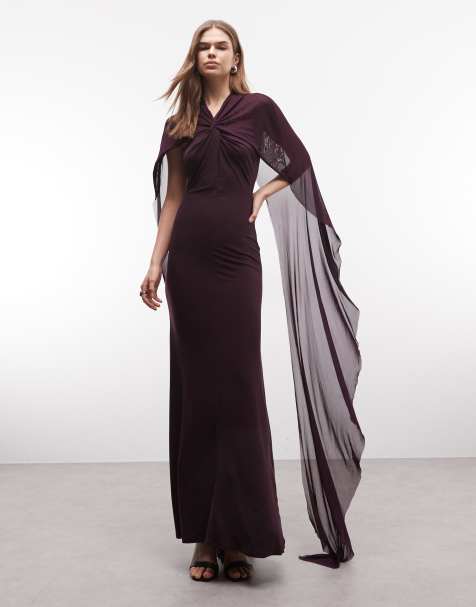 ASOS DESIGN – Hochgeschlossenes Maxikleid in Pflaume mit verdrehter Vorderseite und Cape-Detail aus Netzstoff - view 1