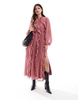 ASOS DESIGN - Hochgeschlossenes Maxikleid in Rosa mit Rüschen