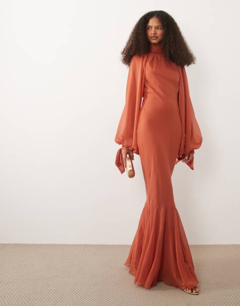 ASOS DESIGN – Hochgeschlossenes Maxikleid in Rostrot mit Godet-Saum - view 1