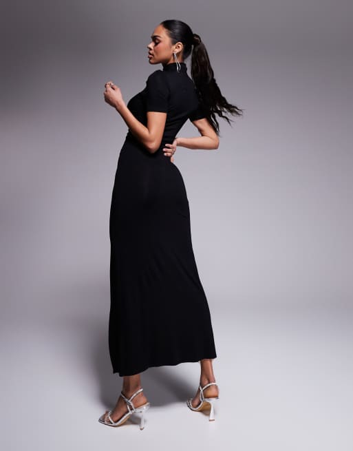 ASOS DESIGN – Hochgeschlossenes Maxikleid in Schwarz mit 3/4 -Ärmeln und hohem Schlitz, 2 von 4