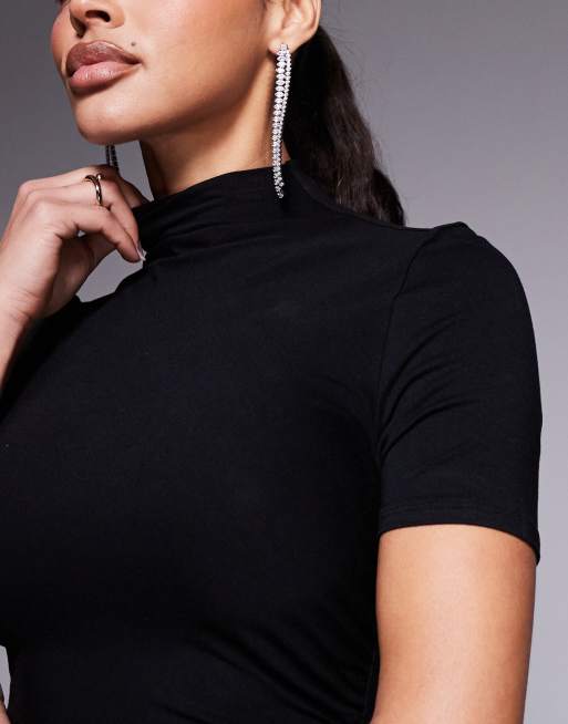 ASOS DESIGN – Hochgeschlossenes Maxikleid in Schwarz mit 3/4 -Ärmeln und hohem Schlitz, 3 von 4