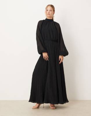 ASOS DESIGN - Hochgeschlossenes Maxikleid in Schwarz mit Knitter-Optik und Blouson-Ärmeln-Keine Farbe
