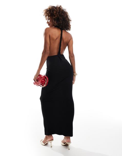 ASOS DESIGN – Hochgeschlossenes Maxikleid in Schwarz mit Neckholder-Träger und verdrehtem Riemendetail am Rücken - view 1