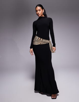ASOS DESIGN - Hochgeschlossenes Maxikleid in Schwarz mit Rückenausschnitt und bedrucktem Schal-Detail-Bunt