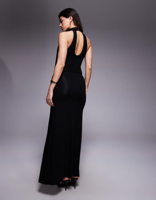 ASOS DESIGN – Hochgeschlossenes Maxikleid in Schwarz mit Seitenschlitz und Schleifendetail, 4 von 4