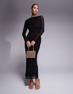 ASOS DESIGN - Hochgeschlossenes Maxikleid in Schwarz mit Strassbesatz und tiefem Rückenausschnitt