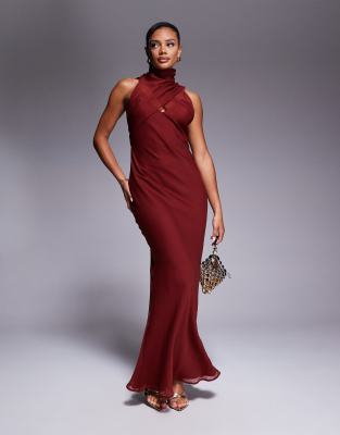 ASOS DESIGN - Hochgeschlossenes Maxikleid in Terracotta mit Wickeldesign-Ausschnitt und Schrägschnitt-Rot