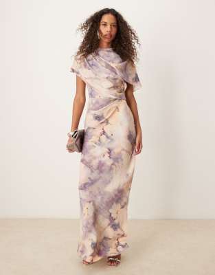 ASOS DESIGN - Hochgeschlossenes Maxikleid mit drapiertem Oberteil, Cape und Blumenmuster-Bunt