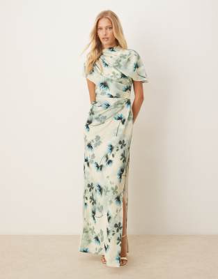 ASOS DESIGN - Hochgeschlossenes Maxikleid mit drapiertem Oberteil mit Cape und Blumenmuster in Grün-Bunt