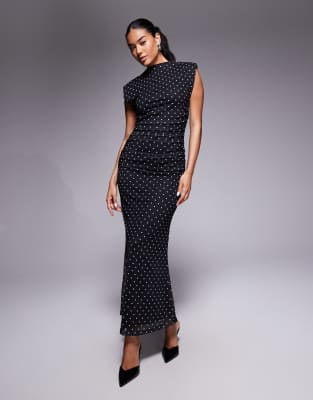 ASOS DESIGN - Hochgeschlossenes Maxikleid mit Schulterpolstern und Polka Dots-Schwarz