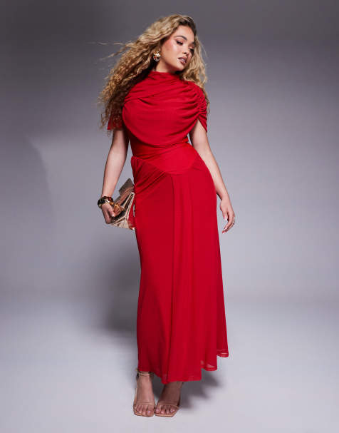 ASOS DESIGN – Hochgeschlossenes Midaxikleid in Rot mit zweifachem Wasserfalldetail und gerafftem Bund - view 1