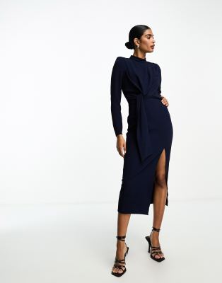 ASOS DESIGN - Hochgeschlossenes Midi-Obi-Kleid in Marineblau mit verdrehter Vorderseite