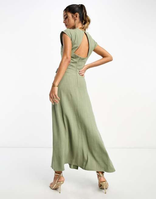 ASOS DESIGN – Hochgeschlossenes Midikleid aus Leinen in Khaki mit verdrehter Vorderseite, 2 von 4