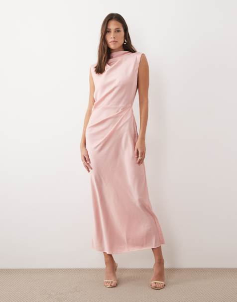 ASOS DESIGN – Hochgeschlossenes Midikleid aus Satin in Altrosa mit Faltentop - view 1