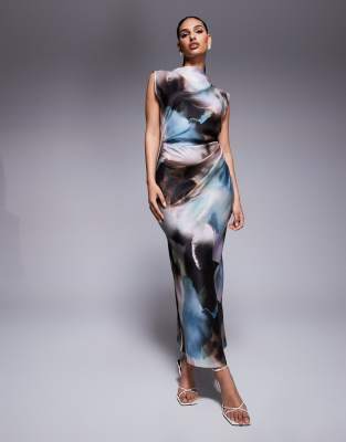 ASOS DESIGN - Hochgeschlossenes Midikleid aus Satin mit abstraktem Print und plissiertem Oberteil-Bunt