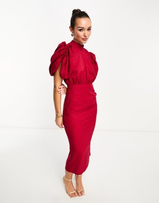 ASOS DESIGN - Hochgeschlossenes Midikleid in Beerenrot mit voluminösen Ärmeln und figurbetontem Rock