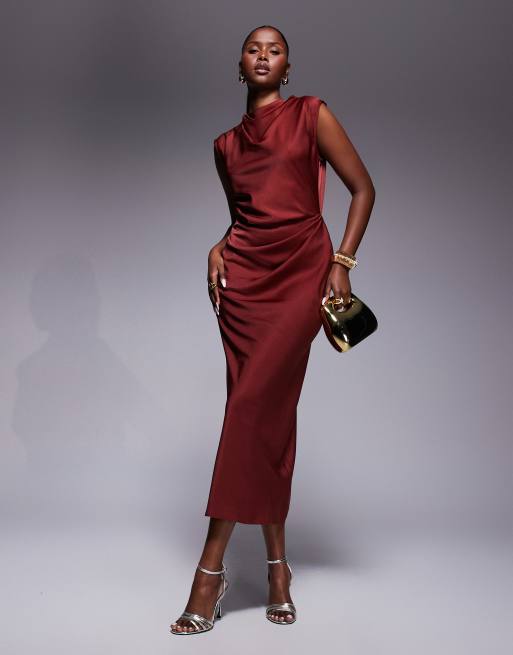 ASOS DESIGN – Hochgeschlossenes Midikleid in Braun mit Faltenwurf am Oberteil, 2 von 4