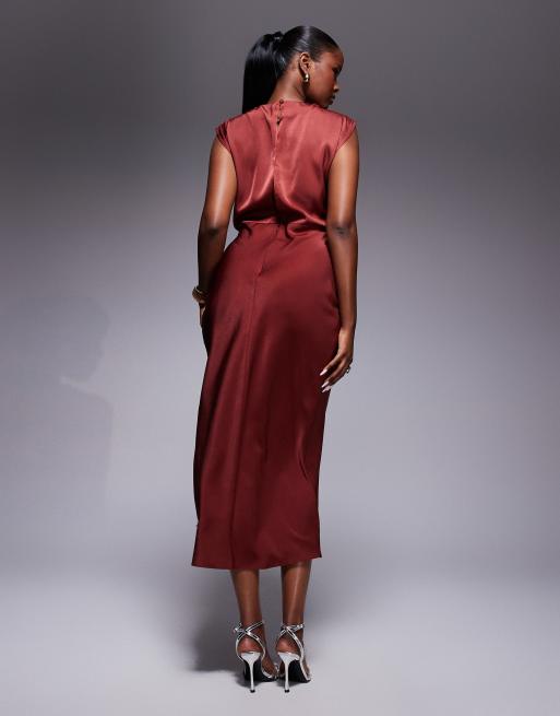 ASOS DESIGN – Hochgeschlossenes Midikleid in Braun mit Faltenwurf am Oberteil, 4 von 4