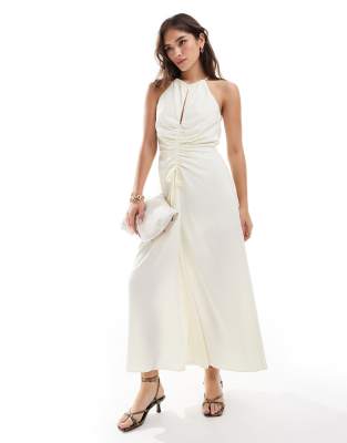 ASOS DESIGN - Hochgeschlossenes Midikleid in Buttermilch mit Raffung vorne-Gelb