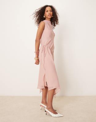 ASOS DESIGN - Hochgeschlossenes Midikleid in Rosé mit Ziernähten-Rosa