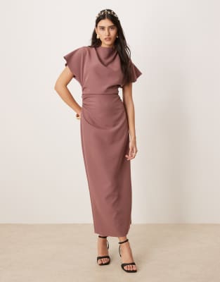 ASOS DESIGN - Hochgeschlossenes Midikleid in Rosé-Taupe mit angesetzten Ärmeln und Rückenausschnitt-Rosa