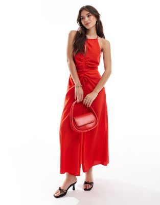 ASOS DESIGN - Hochgeschlossenes Midikleid in Rot mit Raffung vorne