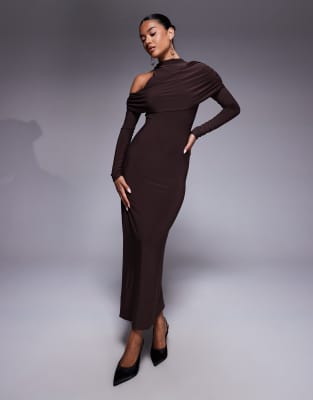 ASOS DESIGN - Hochgeschlossenes Midikleid in Schokobraun mit asymmetrischem Cold-Shoulder-Design-Brown